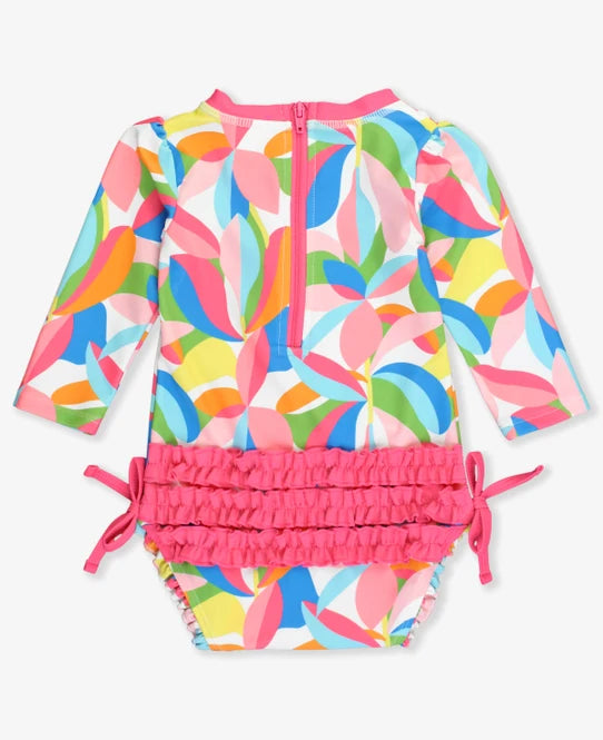 Rufflebutts Tropical Adventure Long Sleeve One Piece Rash Guard