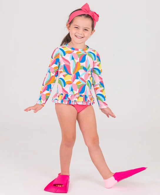 RuffleButts Tropical Adventure Ruffle Hem Rash Guard Two Piece