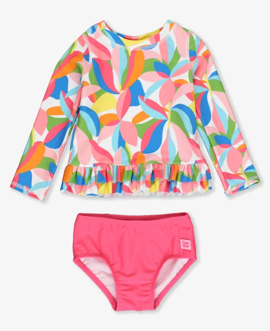 RuffleButts Tropical Adventure Ruffle Hem Rash Guard Two Piece