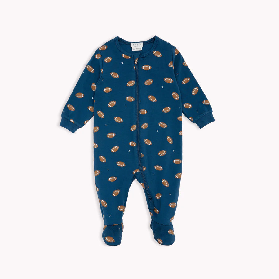 Petit Lem Football Print on Vintage Indigo Footed Sleeper