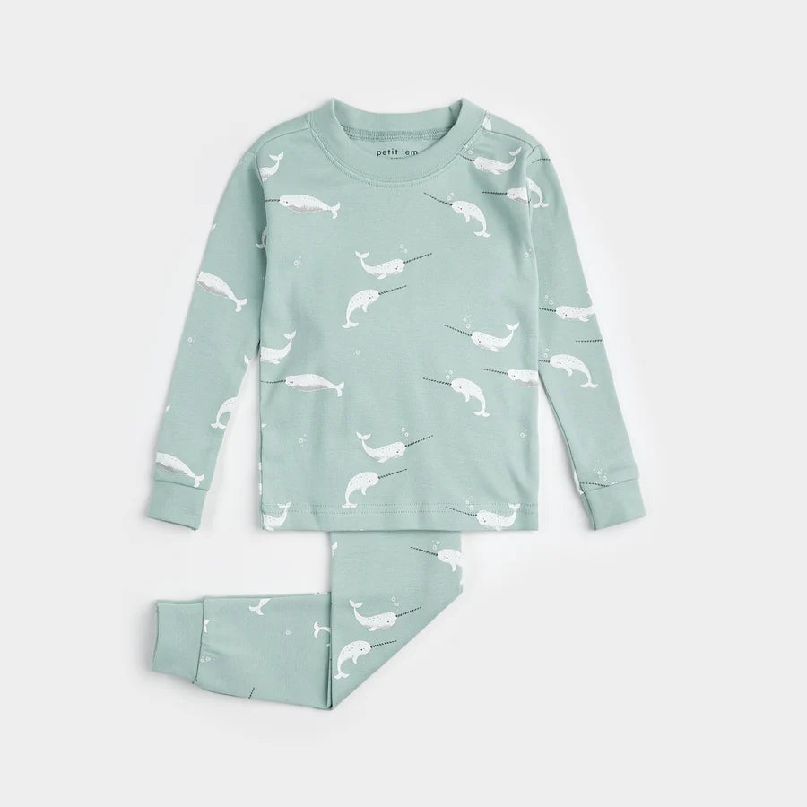 Petit Lem Narwhal Print on Frosty Teal PJ Set