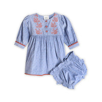 Viverano Embroidered Corduroy Tie Baby Dress & Fancy Bloomer Set (Organic)