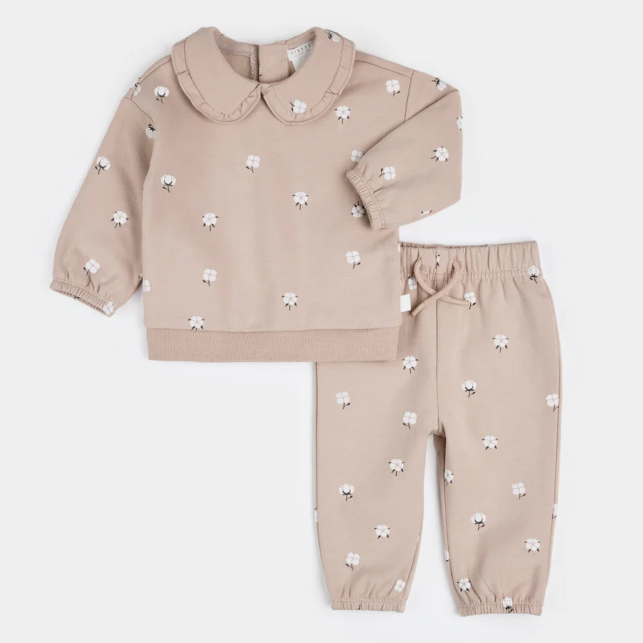 Petit Lem Cotton Flower Fleece Outfit Set | Pink Dusty