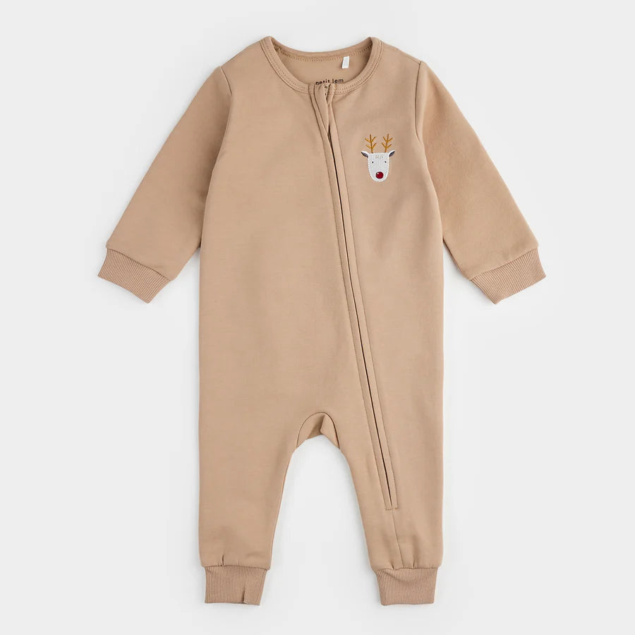 Petit Lem Littlest Reindeer On Taupe Fleece Playsuit | Sand