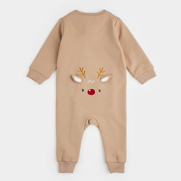 Petit Lem Littlest Reindeer On Taupe Fleece Playsuit | Sand