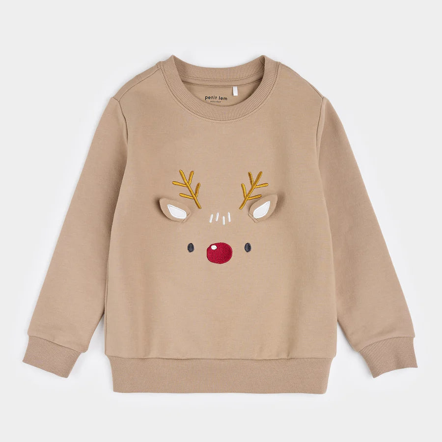 Petit Lem Little Reindeer On Taupe Fleece Sweatshirt | Sand