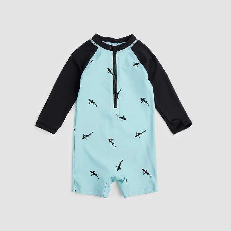 Miles the Label Sharks Print On Aqua Swim Romper