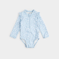 Petit Lem Floral Print On Sky Blue Long-Sleeve Swimsuit