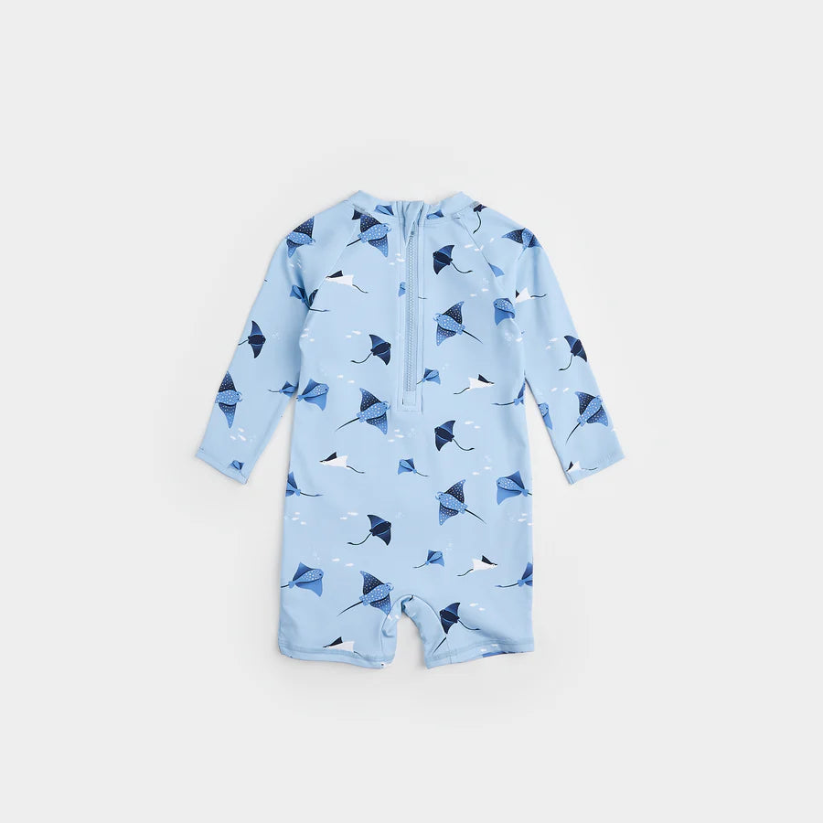 Petit Lem Stingray Print On Sky Blue Long-sleeve Swim Romper