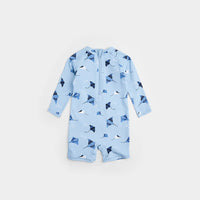 Petit Lem Stingray Print On Sky Blue Long-sleeve Swim Romper