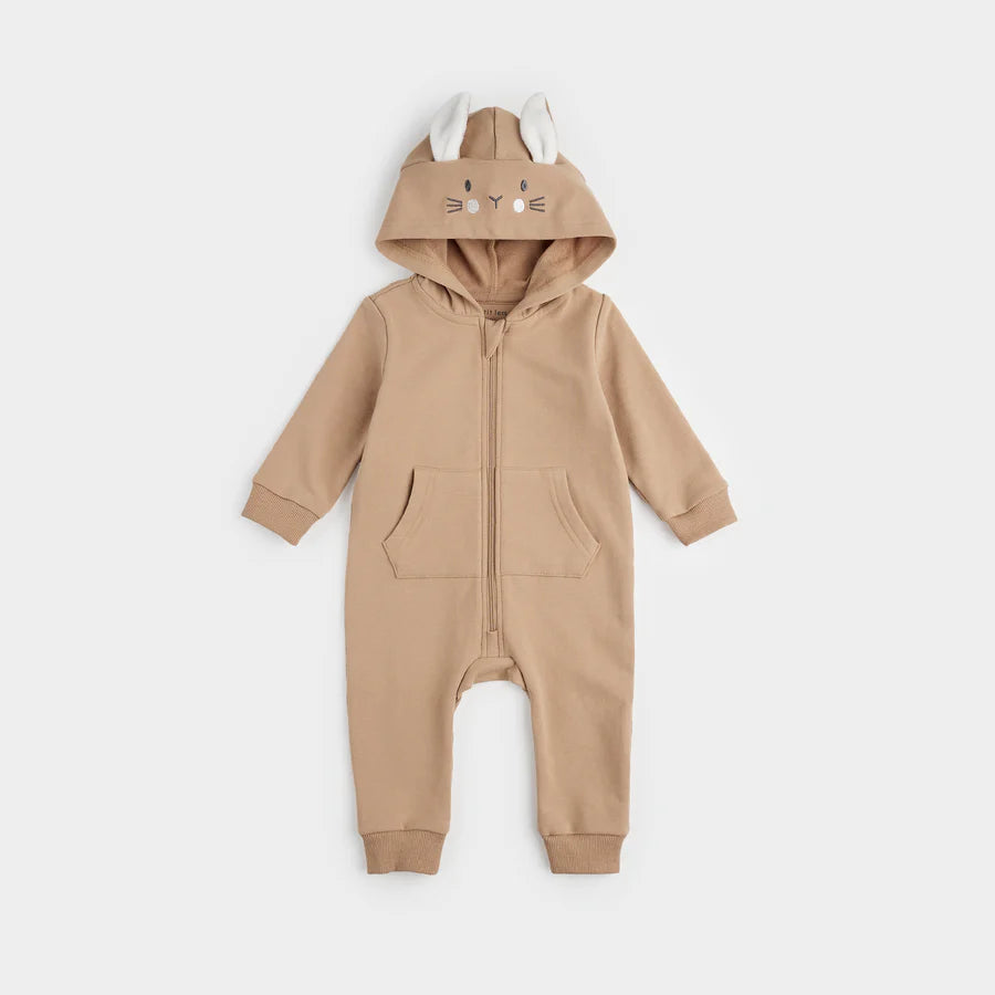 Petit Lem Hooded Bunny Playsuit in Mocha