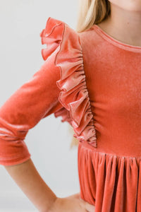 Mila and Rose Terracotta Velvet Ruffle Twirl Dress