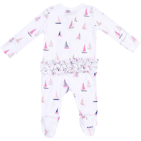 Angel Dear Sailboats Pink 2-Way Zipper Ruffle Back Footie