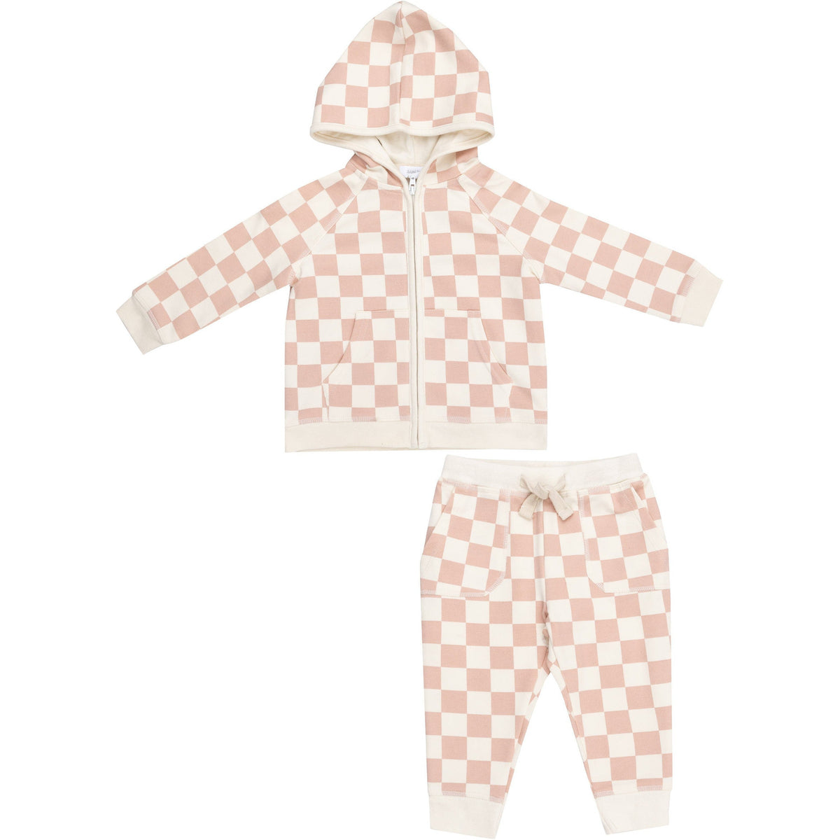 Angel Dear French Terry Checkerboard Pink Zip Hoodie + Wide Leg Pant