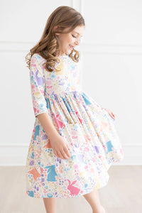 Mila & Rose Pastel Floral Bunnies 3/4 Sleeve Pocket Swirl Dress