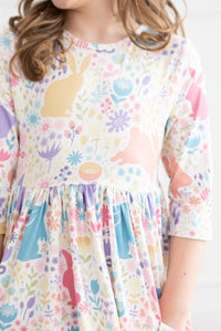 Mila & Rose Pastel Floral Bunnies 3/4 Sleeve Pocket Swirl Dress