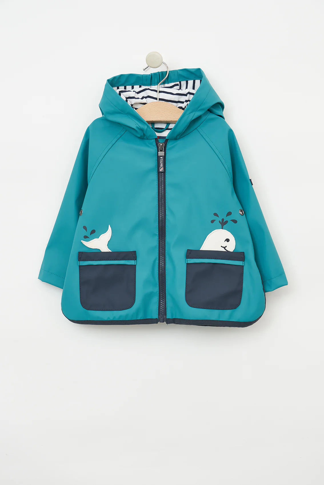 Batela Baby’s Rain Jacket with Whale Pockets and Stripe Cotton Lining