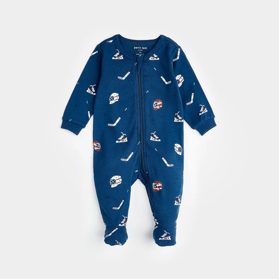 Petit Lem Hockey Gear Print on Estate Blue Sleeper