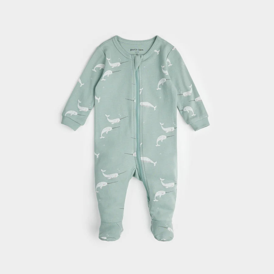 Petit Lem Narwhal Print on Frosty Teal Sleeper