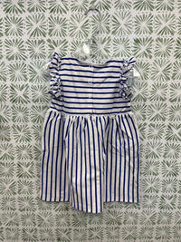 Batela Blue and White Nautical Striped Short Sleeve Dress with Ruffle Cap Sleeve