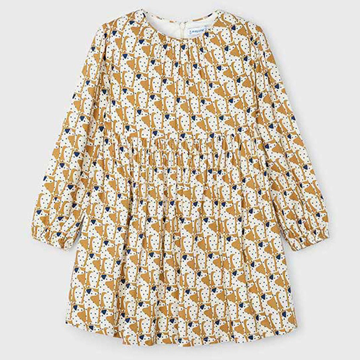 Mayoral Girl's Flowy Puppy Print Dress Caramel and Navy