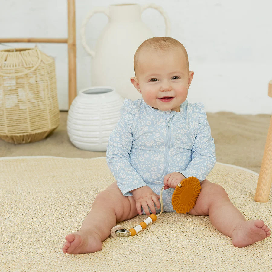 Petit Lem Floral Print On Sky Blue Long-Sleeve Swimsuit