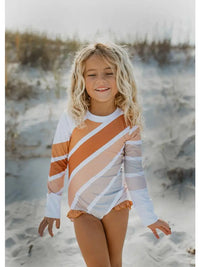 Oopsie Daisy Kids Beige Stripe Rainbow Zip Rash Guard One Piece Swimsuit