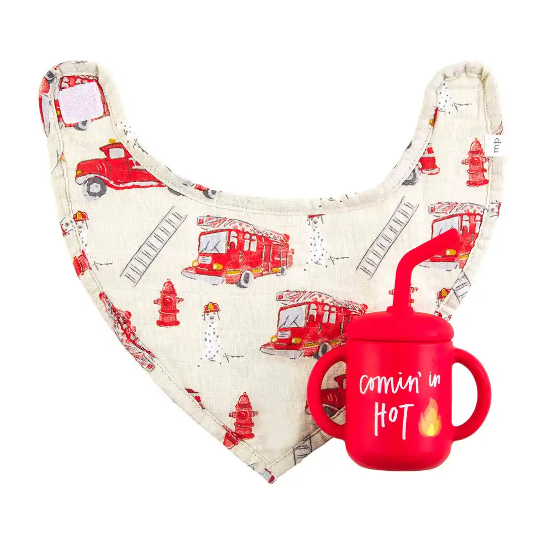 Silicone Straw Cup and Bib Set- Firetruck