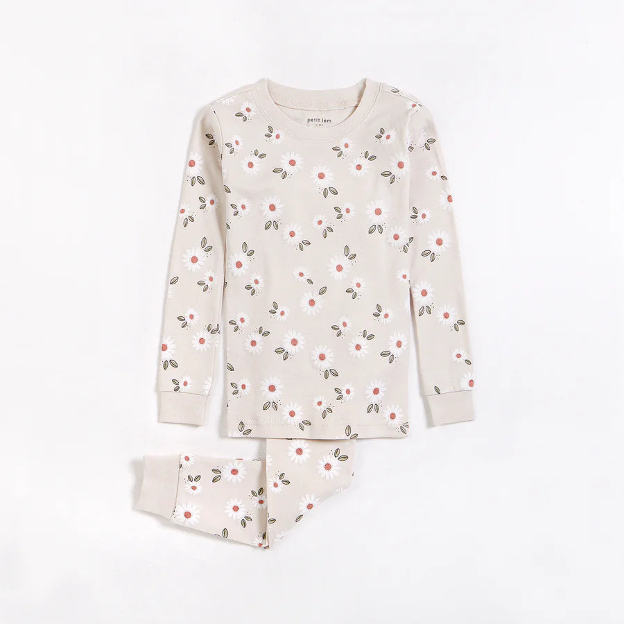 Petit Lem Daisy Print on Creme Ground PJ Set