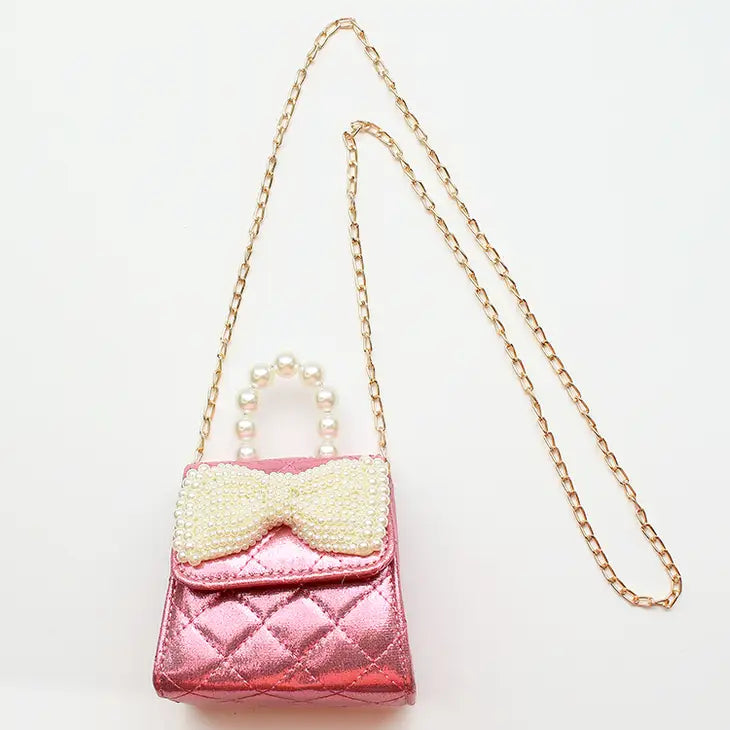 Sparkle Sisters Hot Pink Metallic Pearl Bow Bag