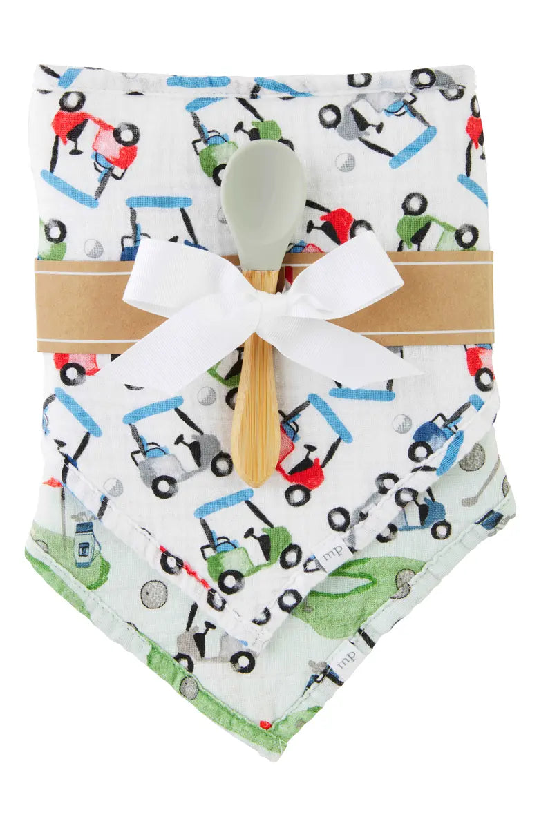 Golf 3-Pack Assorted Cotton Muslin Bibs & Spoon Set