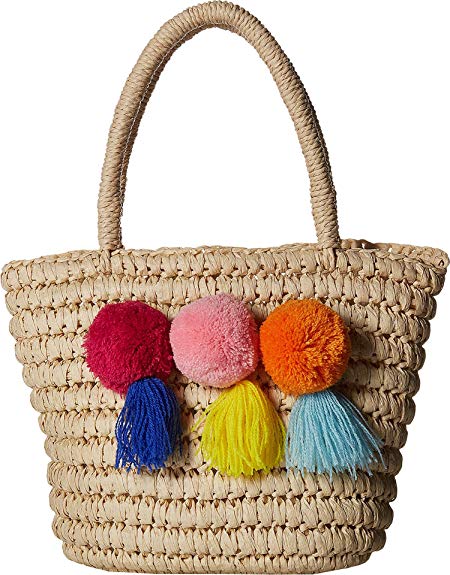 Mud Pie Tassel Mini Pom Straw Tote