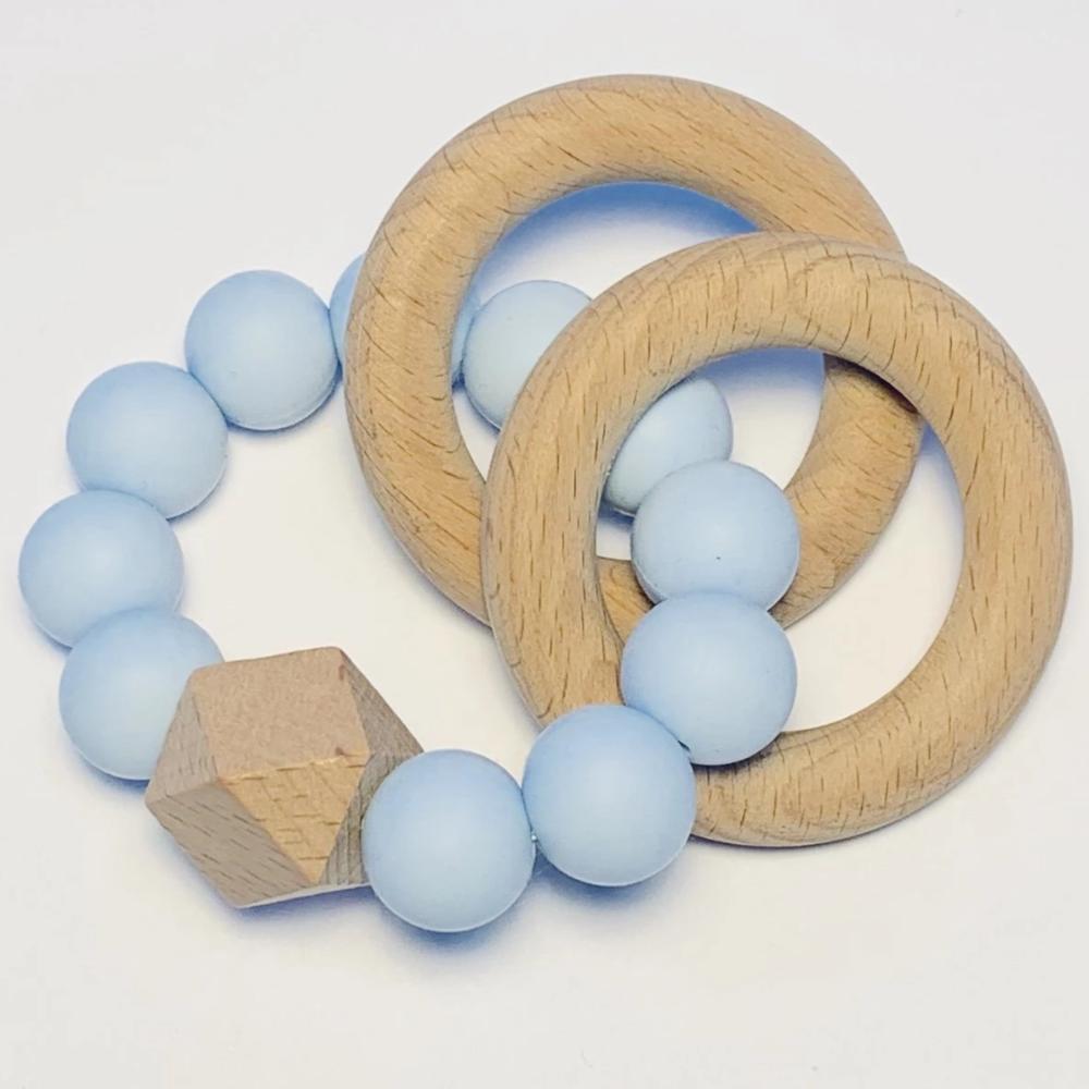 Sugar + Maple Silicone + Beechwood Teether 2-Ring - Blue