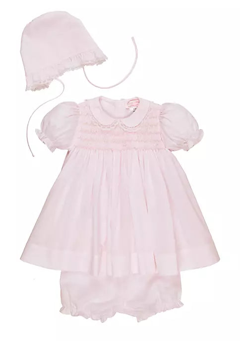 Petit Ami Pink ruffled dress with Bonnet