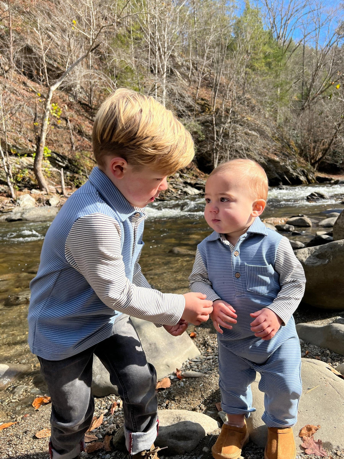 Me & Henry Arlington Cosy Polo Romper | Blue/Cream Arms