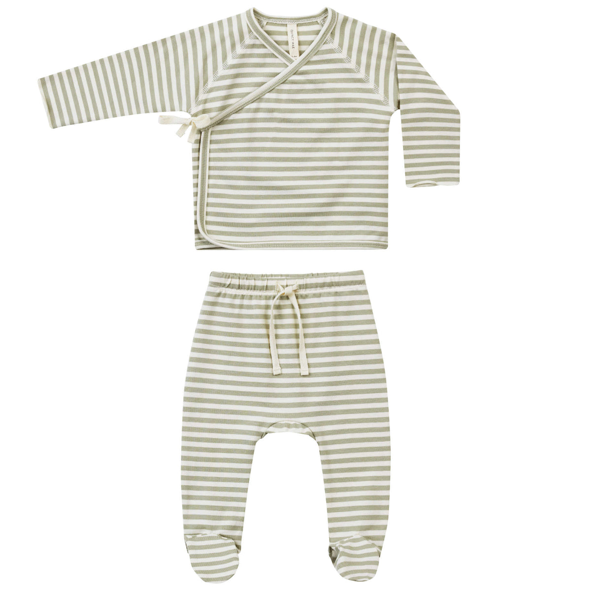 Quincy Mae Wrap Top + Footed Pant Set | Sage Stripe