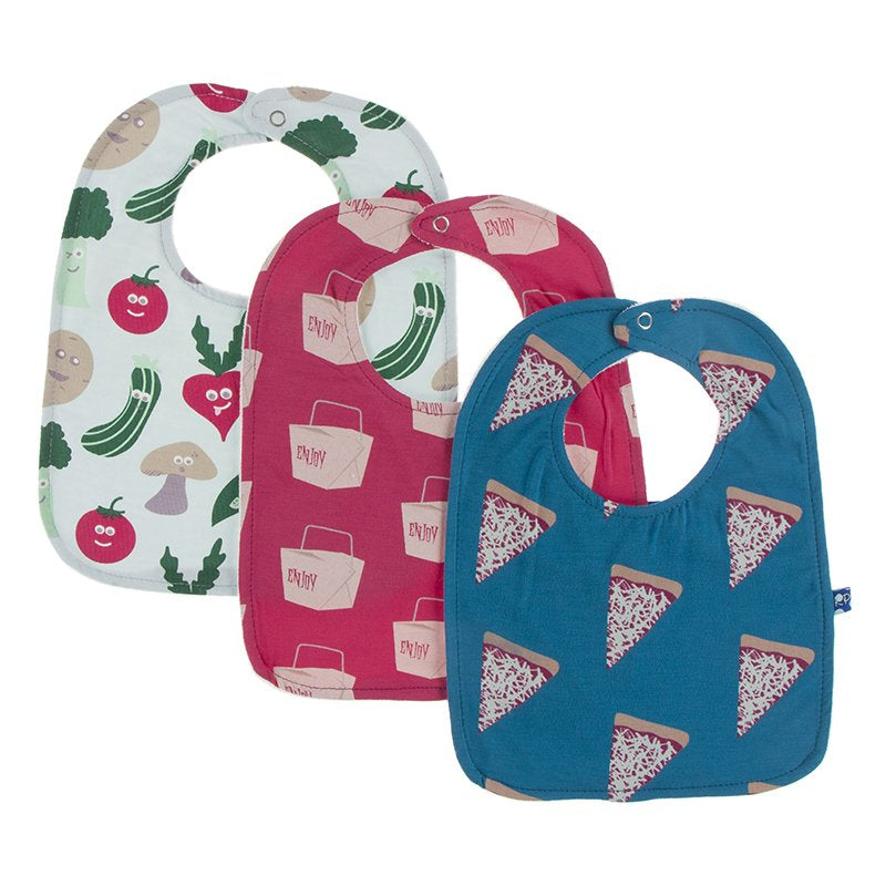 Kickee Pants Bib Set - Cherry Pie Takeout, Illusions Blue Happy Veggies & Seaport Pizza Slices