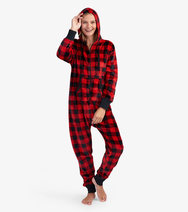 Little Blue House Adult Hooded Fleece Jumpsuit - Buffalo Plaid