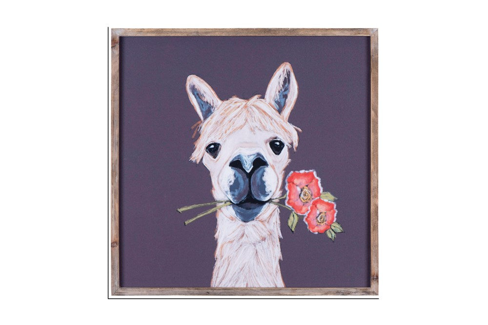 18" Square Wood Framed Wall Decor w/ Llama with flower