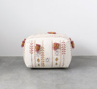 Square Cotton Embroidered Pouf w/ Applique & Fringe, Cream Color