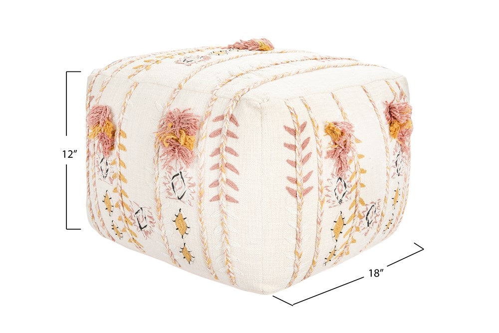 Square Cotton Embroidered Pouf w/ Applique & Fringe, Cream Color