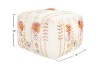 Square Cotton Embroidered Pouf w/ Applique & Fringe, Cream Color