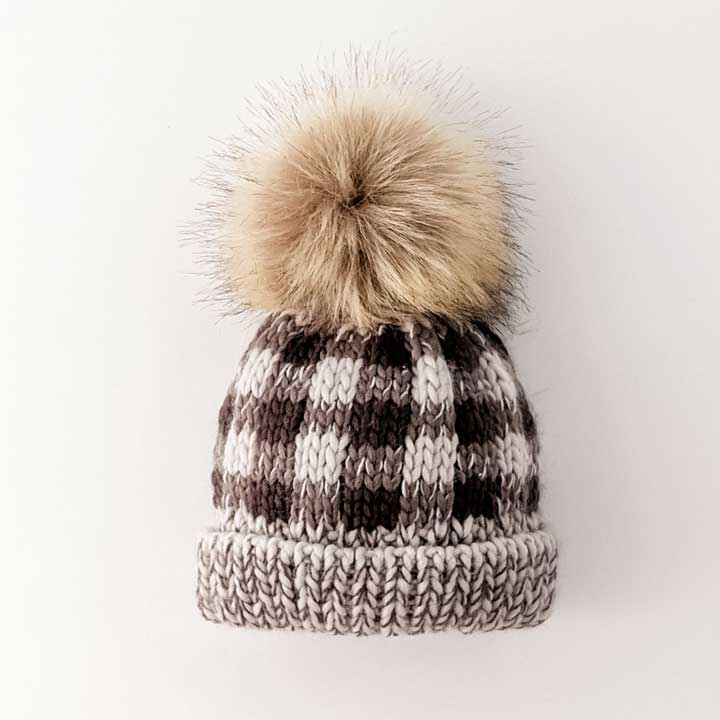 Huggalugs Buffalo Check Pom Hat - Grey