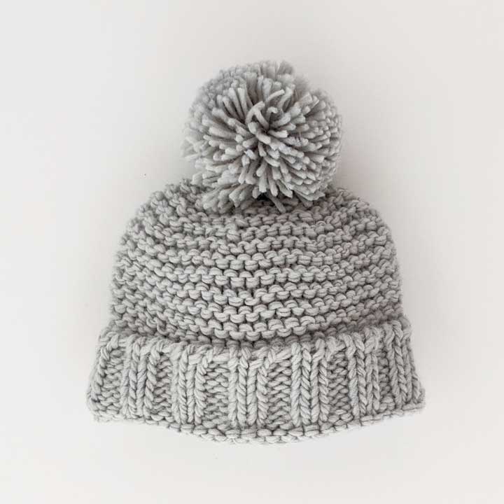 Huggalugs Garter Stitch Pom Hat - Light Grey