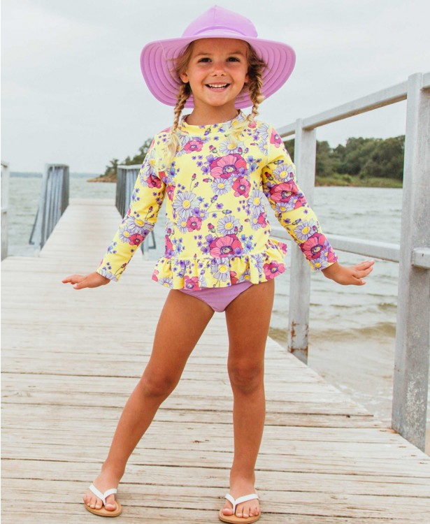 RuffleButts Daisy Delight Long Sleeve Rashguard Bikini