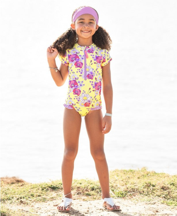 Rufflebutts Girls  Daisy Delight One Piece Short Sleeve Rashguard