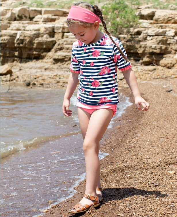 Ruffle Butts Rosy Floral Stripe Mid-Sleeve 2pc