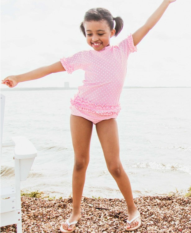 RuffleButts Pink Polka Dot Ruffled Rash Guard Bikini