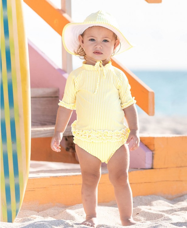 Banana Yellow Seersucker Ruffled Rash Guard Bikini