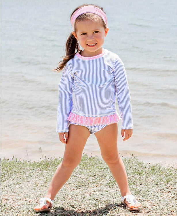 RuffleButts Periwinkle Blue Seersucker Long Sleeve Rash Guard Bikini